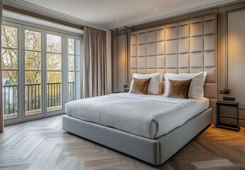 Luxurious bedroom with king-size bed, French doors, and herringbone flooring.