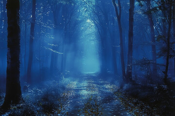 Fototapeta premium Enchanted Woods: A Mystical Forest Scene with Tall Trees Fading Into the Mist