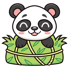 Cheerful Panda Cub Mascot, Cute Character Sitting in Bamboo Basket. Happy Expression