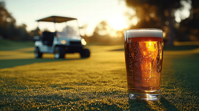 refreshing glass of beer sits golf course, capturing essence of leisure and enjoyment during sunny day. golf cart background