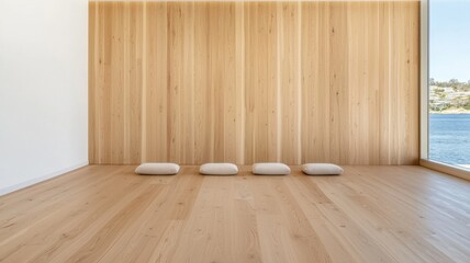 Naklejka premium A serene, minimalist room featuring a wooden wall, smooth flooring, and cushions, offering a tranquil space with a view of nature.