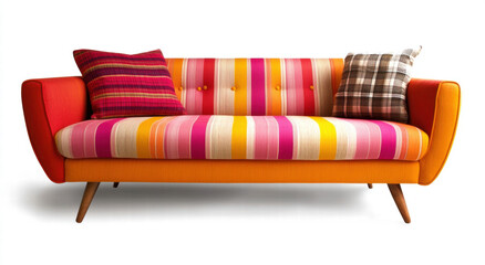 vibrant and stylish sofa featuring colorful stripes and two decorative pillows, perfect for adding cheerful touch to any