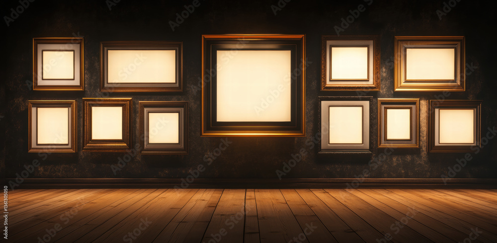 Aufkleber empty picture frames arranged on dark wall create striking visual display, inviting creativity and i