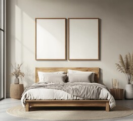 Minimalist bedroom with wooden bed, neutral tones, and two blank frames.