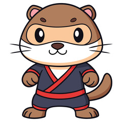 Standing Cartoon Otter Character in Navy Costume with Red Belt and Wide Eyes