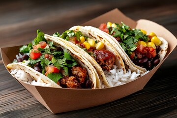 Mexican tacos with ground meat, vegetables, rice and black beans resting in cardboard container