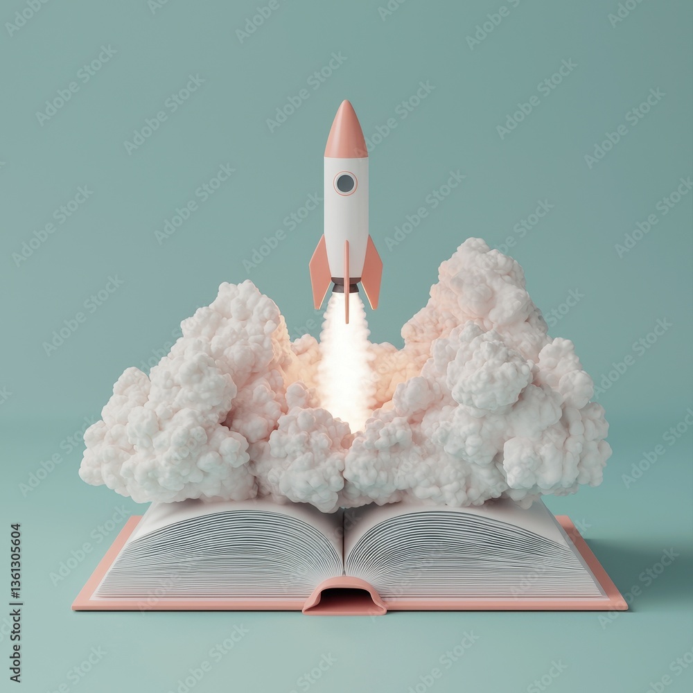Poster rocket launching from an open book surrounded by clouds