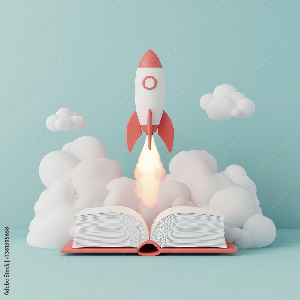 Poster rocket launching from open book surrounded by soft clouds