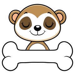 Cute Cartoon Meerkat Holding a Bone, Closed Eyes, Smiling, Isolated on White,