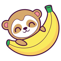 Cute Cartoon Monkey Smiling While Holding a Yellow Banana, Playful, Happy, Adorable