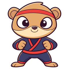 Cartoon Brown Bear Mascot in Navy Blue Ninja Gi, Red Headband, Isolated on White