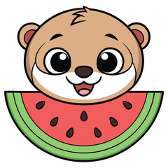 Adorable Cartoon Otter Holding Slice Of Watermelon with Seeds,