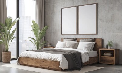 Minimalist bedroom with wooden bed, plants, and blank frames.