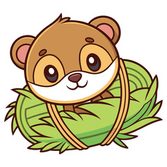Adorable Cartoon Bear Cub Sitting in Greenery Nest, Isolated on White Background