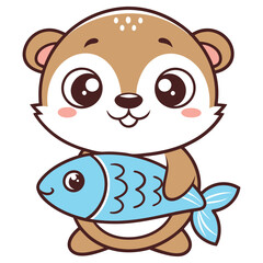 Cute Cartoon Brown Bear Holding a Blue Fish, Big Eyes, Isolated on White Background