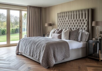 Luxurious bedroom with large bed, herringbone flooring, and garden view.