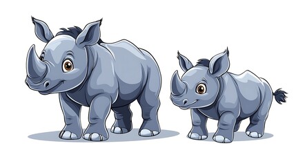 Fototapeta premium Adorable Rhino Mom and Calf: A Charming Cartoon Illustration AI Generated