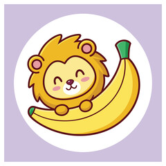 Cute Cartoon Lion Hugging a Ripe Banana, Isolated on a White Circle, Light Purple Background
