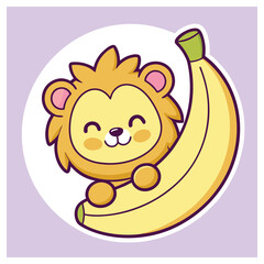 Happy Cartoon Lion Cradling a Big Banana with Cute Style on a Purple Backdrop