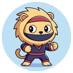 Cartoon Lion Warrior Character in Blue Circle, Red Headband & Ninja Mask Mascot Logo