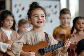 Little girl playing ukulele and smiling during music lesson at kindergarten