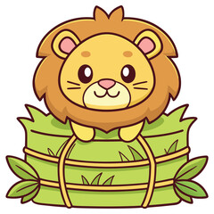 Cute Lion Cartoon Character with Green Rice Cake Isolated on White Background