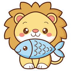 Cute Lion Holding Fish Cartoon Illustration, Adorable Animal Character Design, Isolated on White