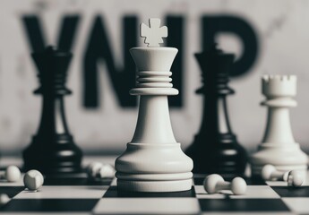 White chess king with strategic black pieces in focus on board