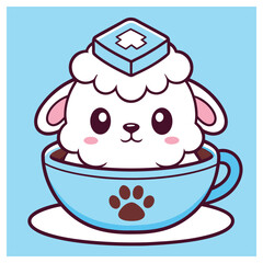 Cute Lamb Cartoon Character Inside Coffee Cup Wearing Nurse Cap
