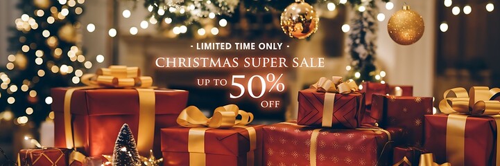 Festive Christmas Super Sale background with red and gold holiday theme featuring glowing fairy lights, elegant gift boxes golden ribbons, and bold 50 percent off discount sign for holiday promotions