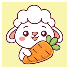 Cartoon Lamb Holding a Carrot Cute White Sheep with Vegetables on Yellow Background