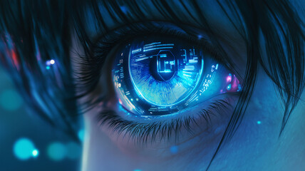 Close-up of a blue eye with futuristic digital data, technology, innovation, and future vision.