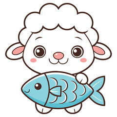 Cute Cartoon Lamb Holding a Blue Fish Isolated on White Background, Kawaii Style