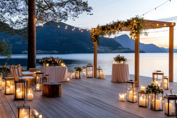 Romantic wedding venue setup illuminating a wooden pier at sunset over Lake Annecy