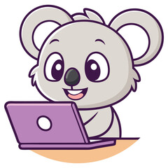 Cartoon Koala Bear with Laptop, Gray Fur, Cheerful Expression, Flat