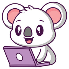 Cute Koala Cartoon Character Using Laptop, Animal, Isolated, Smiling, Mammal, Mascot