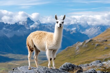 Obraz premium Llama standing on a rock in the Andes Mountains is looking at the horizon
