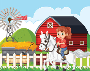 Happy Girl Riding Horse on Farm