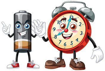 Cheerful Battery and Clock Cartoon Characters