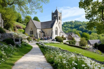 Fototapeta premium Tourists visiting the picturesque St Michael and All Angels Church in Castle Combe, England
