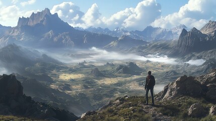 A lone hiker gazing upon expansive and majestic mountain scenery landscape
