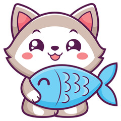 Cartoonish husky dog holding a blue fish, adorable happy face, bright clear on white