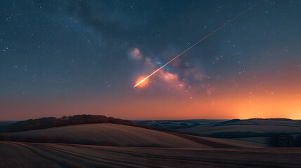 Stunning meteor streaks across the night sky over rolling hills under a starry backdrop