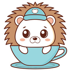 Cute Cartoon Hedgehog Character in Blue Cup with Hat, Kawaii Style, Isolated
