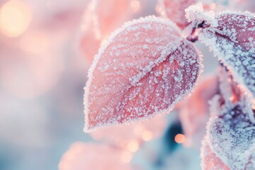Frozen leaves in soft pastel hues of pink and frost
