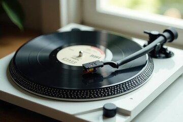 Single turntable on white, vinyl record in place, sound, audio