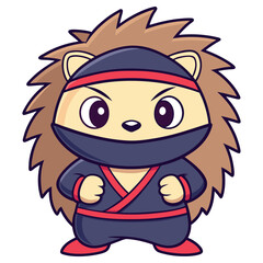 Cartoon Hedgehog Character Dressed as Ninja with Black Mask and Costume on White