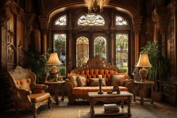 Luxurious living room in fantasy style with ornate furnishings and beautiful golden hour lighting
