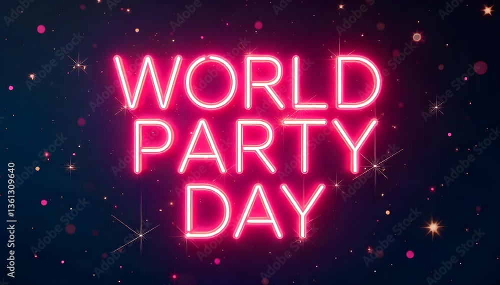 Poster minimalist neon typography that says ‘world party day’ with dynamic light streaks and sparkling effe