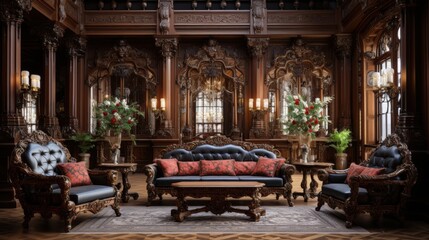 Gorgeous living room showcases intricate wooden furniture and rich textures bathed in warm golden hour light, creating an inviting atmosphere filled with opulent decor.